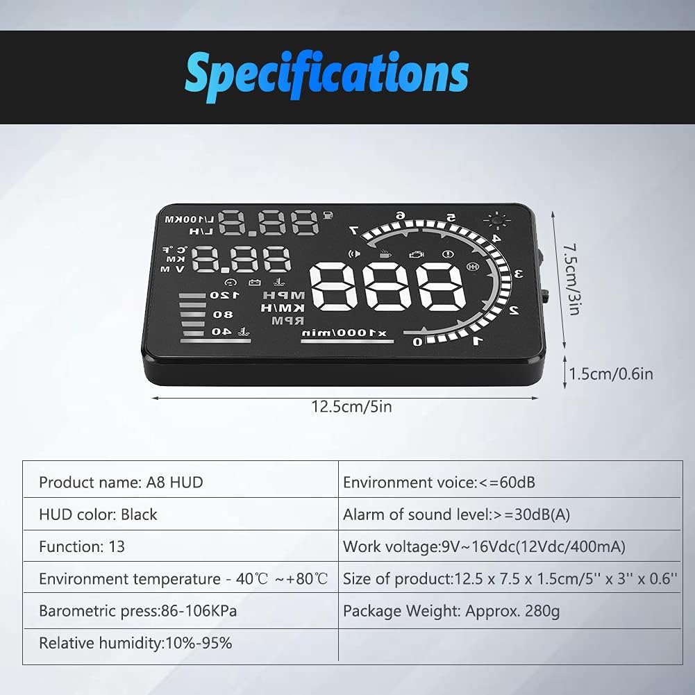 5.5'' HUD Head Display, Windshield Screen Projector Vehicle Speed, Hud Overspeed Alarm, Km/h MPH, OBDII/EUOBD Interface Plug Car Hud Screen