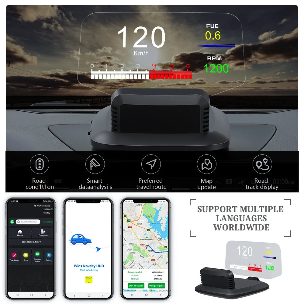 GEYIREN C1 OBD2 HUD - Car Head Up Display GPS Navigation Projector Digital Speed Gauge Overspeed Warning KMH MPH Plug and Play