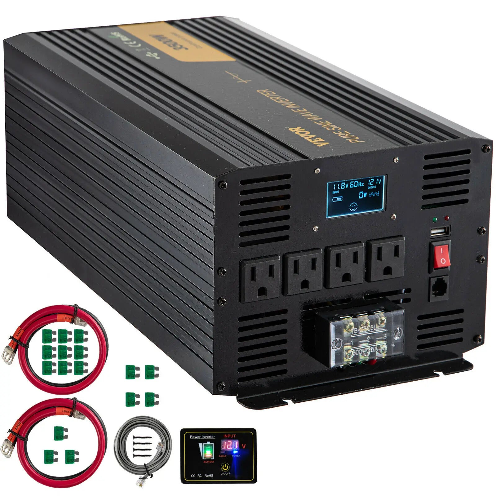VEVOR Pure Sine Wave Power Inverter 12V DC to 120V AC Aluminum Alloy LCD Screen & LED Indicators for Powering Laptop Fan Grinder