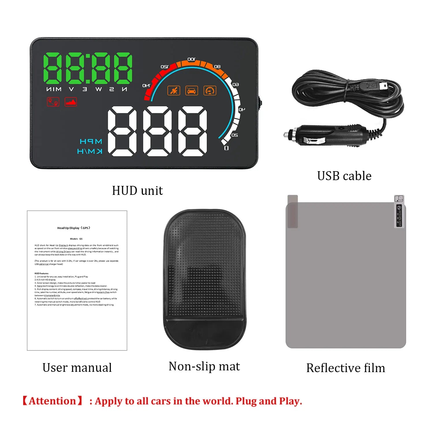 Geyiren Q5 HUD - Digital GPS Speedometer Clock Odometer Universal Windshield Projector Car Head Up Display