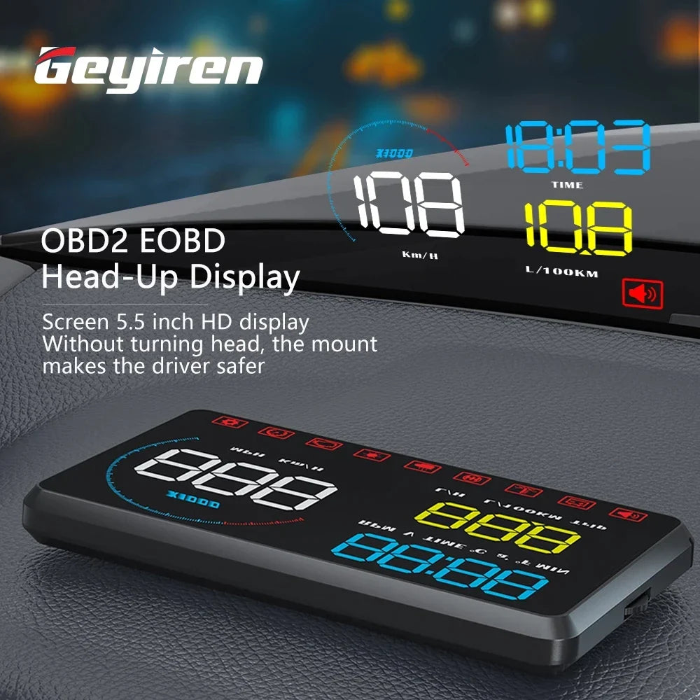 Geyiren A9 HUD - Auto Digital Speedometer Windshield Projector Over Speed Alarm Water Temp Meter OBD2 Car Head Up Display