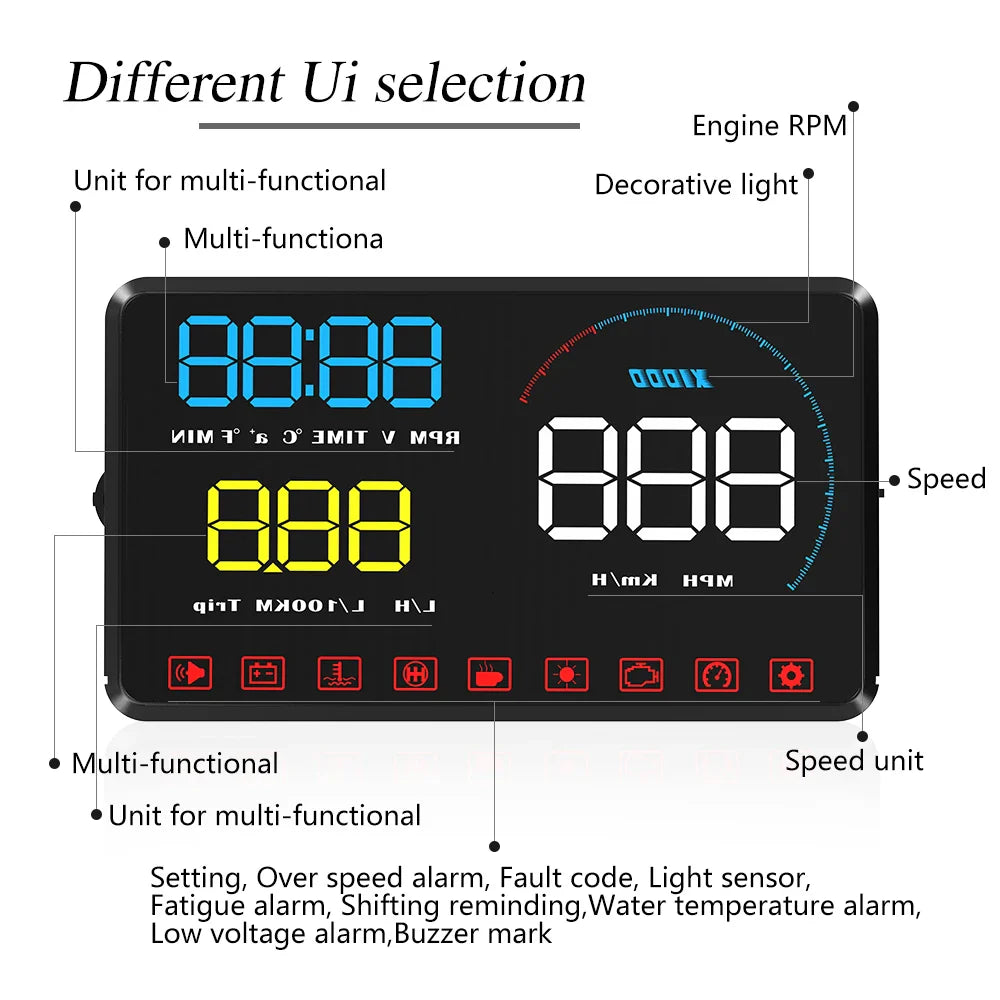 Geyiren A9 HUD - Auto Digital Speedometer Windshield Projector Over Speed Alarm Water Temp Meter OBD2 Car Head Up Display
