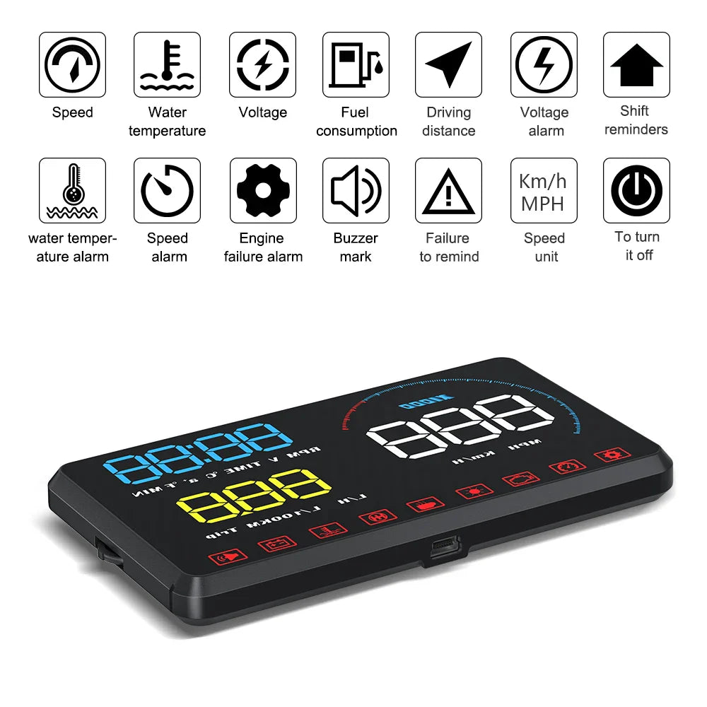 Geyiren A9 HUD - Auto Digital Speedometer Windshield Projector Over Speed Alarm Water Temp Meter OBD2 Car Head Up Display