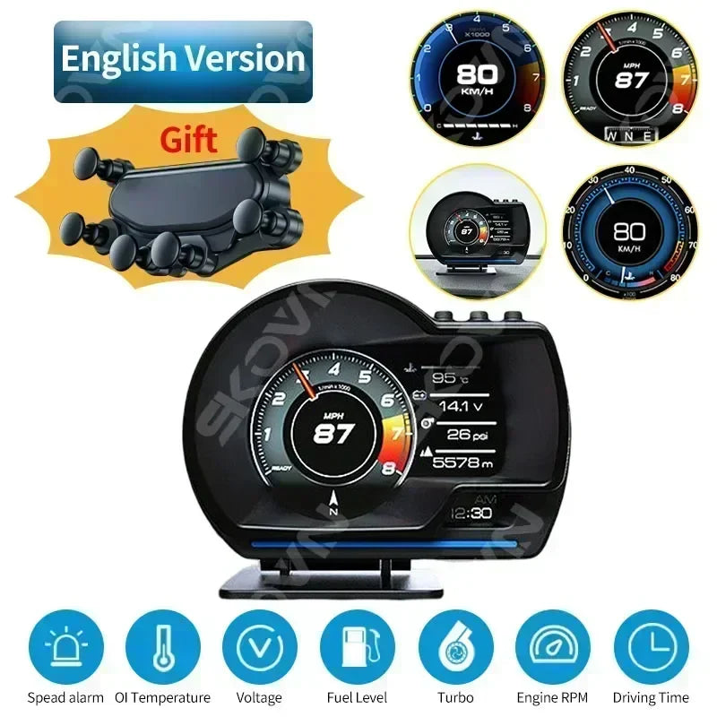 Dual Screen Car Head Up Display OBD2 GPS Auto Display Smart Car HUD On-Board Computer Gauge Security Alarm Water&Oil Temp. RPM