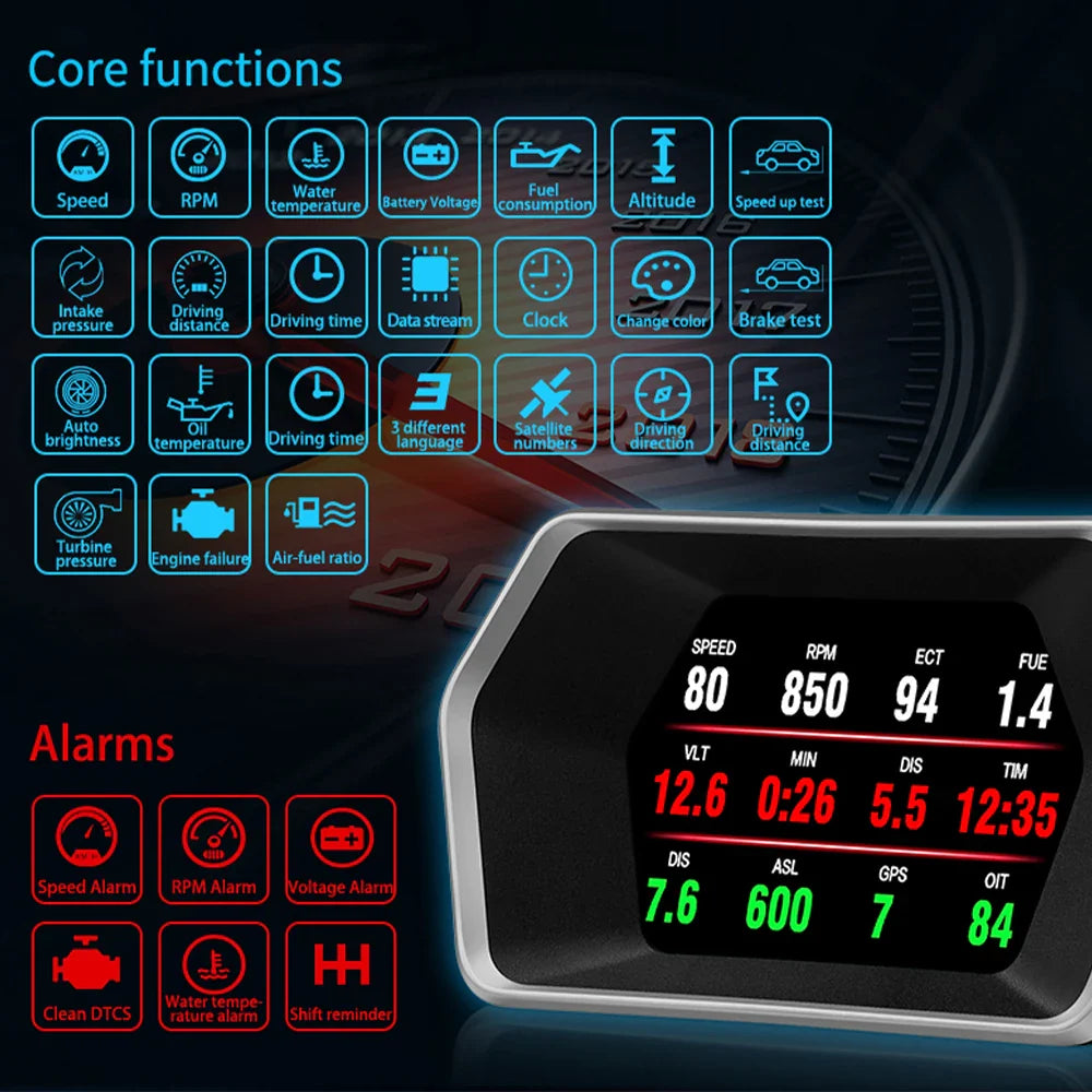 GEYIREN P17 HUD - Car Display GPS On-board Computer Digital Speedometer Water&Oil Temp Gauge OBD2 Head Up Display