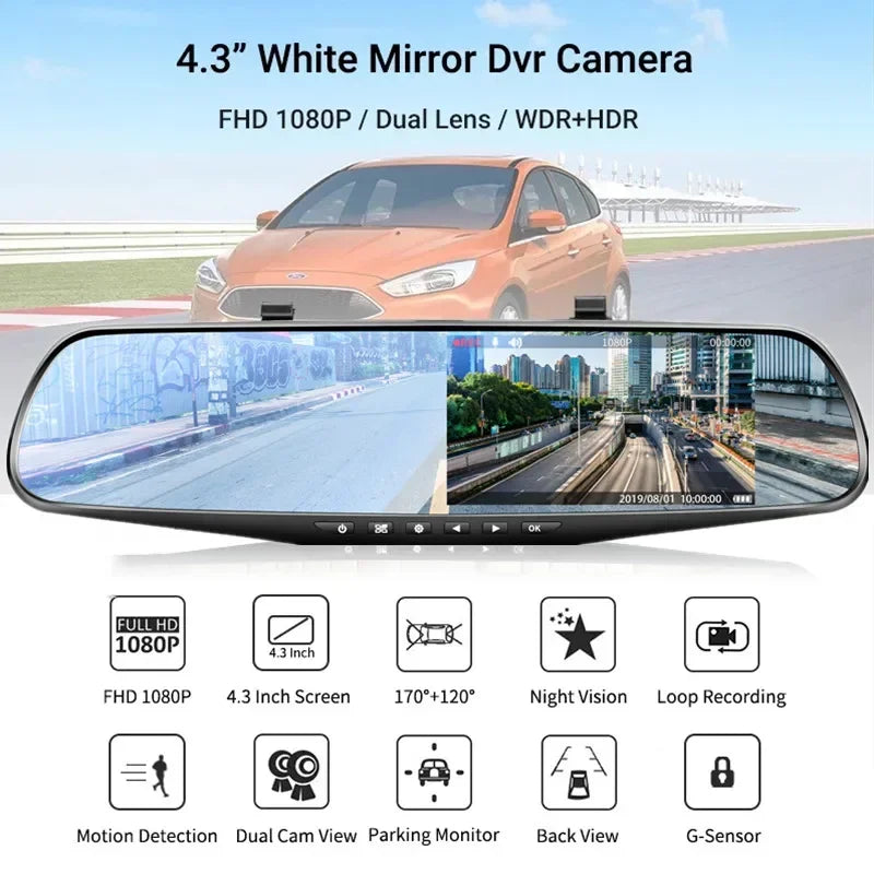 Mrorea 4.3" HD 1080P Rearview Mirror Dash Cam | Dual-Lens Front & Rear Car Recorder
