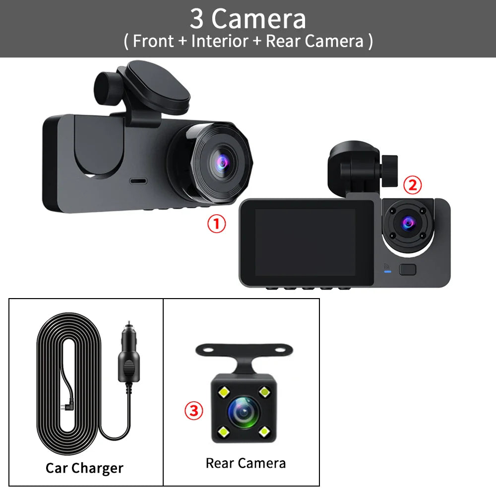 3 Channel Car DVR FHD 1080P 3-Lens Inside Vehicle Dash Cam Three Way Camera DVRs Recorder Video Registrator Dashcam Camcorder