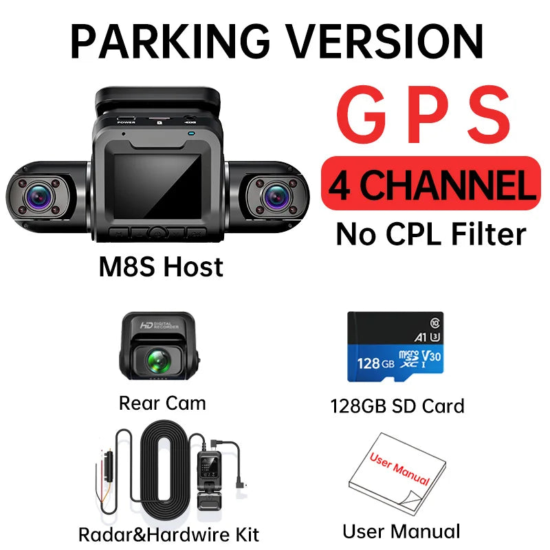 FONDIM Mini Hidden Car Dash Cam M8S 4CH DVR 360 HD 4*1080P 24H Parking Monitor Video Car Recorder Night Vision GPS WIFI 256GBmax