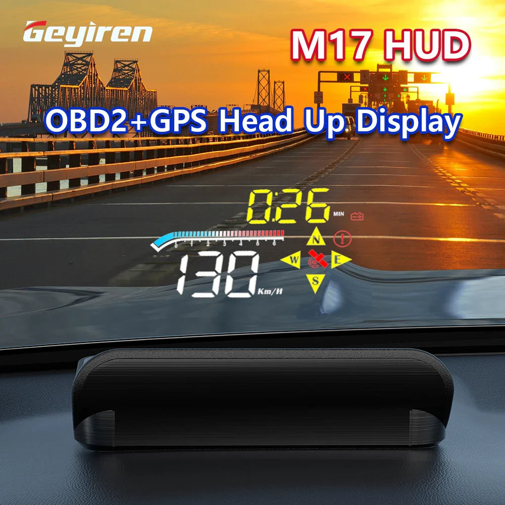 Geyiren M17 HUD - OBD2 GPS Car Head Up Display Windshield Speed Projector KMH MPH RPM Digital Speedometer Water Temp Alarm