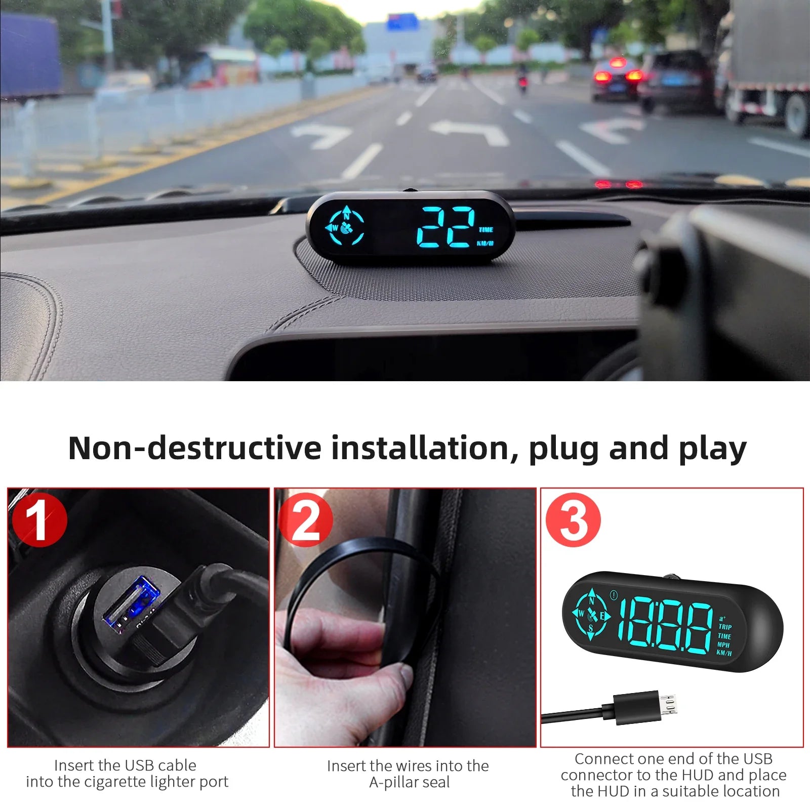 Geyiren G9 GPS HUD - Auto Digital Speedometer Security Over Speed Alarm Clock Compass Odometer Car Head Up Display