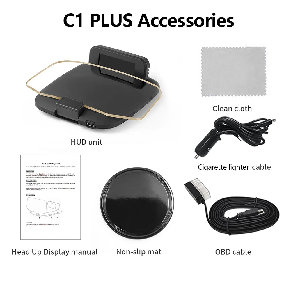 GEYIREN C1 OBD2 HUD - Car Head Up Display GPS Navigation Projector Digital Speed Gauge Overspeed Warning KMH MPH Plug and Play