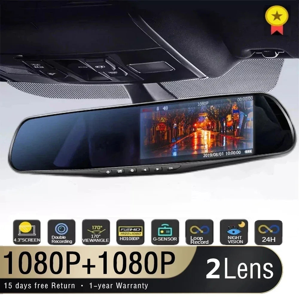 Mrorea 4.3" HD 1080P Rearview Mirror Dash Cam | Dual-Lens Front & Rear Car Recorder