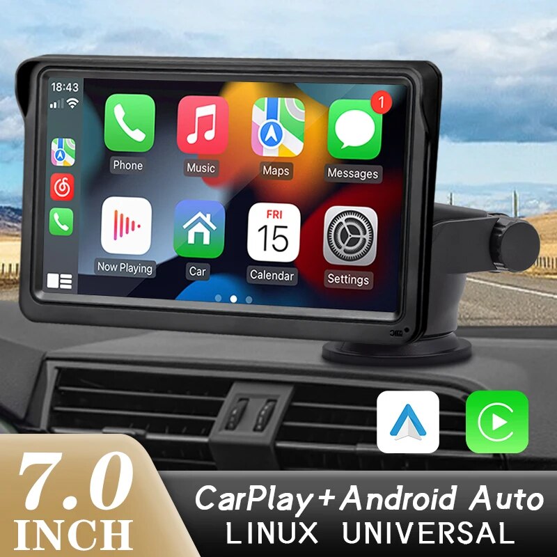 Hippcron 7 inch CarPlay & Android Auto Multimedia Touch Screen: Portable Video Player with USB AUX Support and Rear View Camera Compatibility