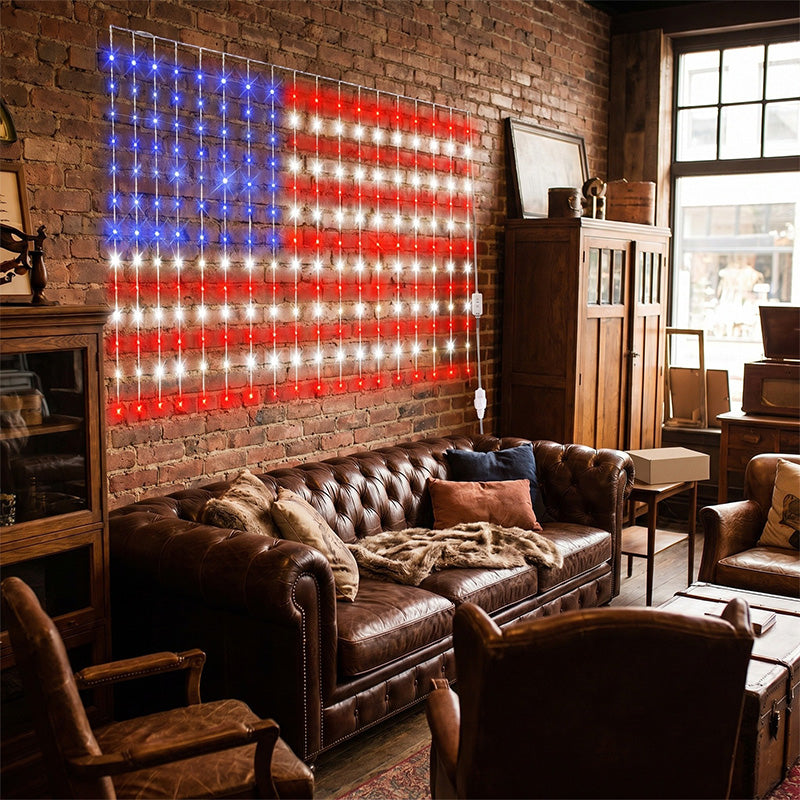 Mrorea American flag net lights displayed for patriotic outdoor decor